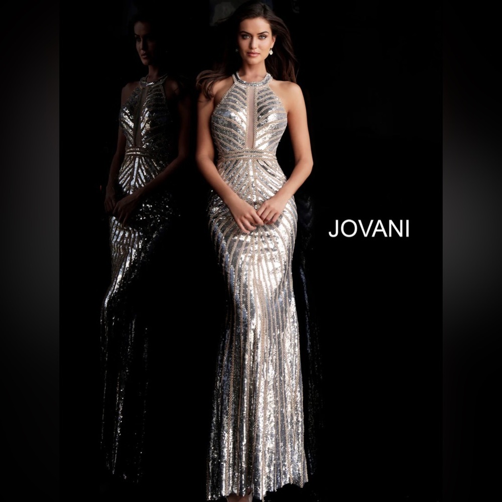 Jovani Metallic Sequin Halter Dress